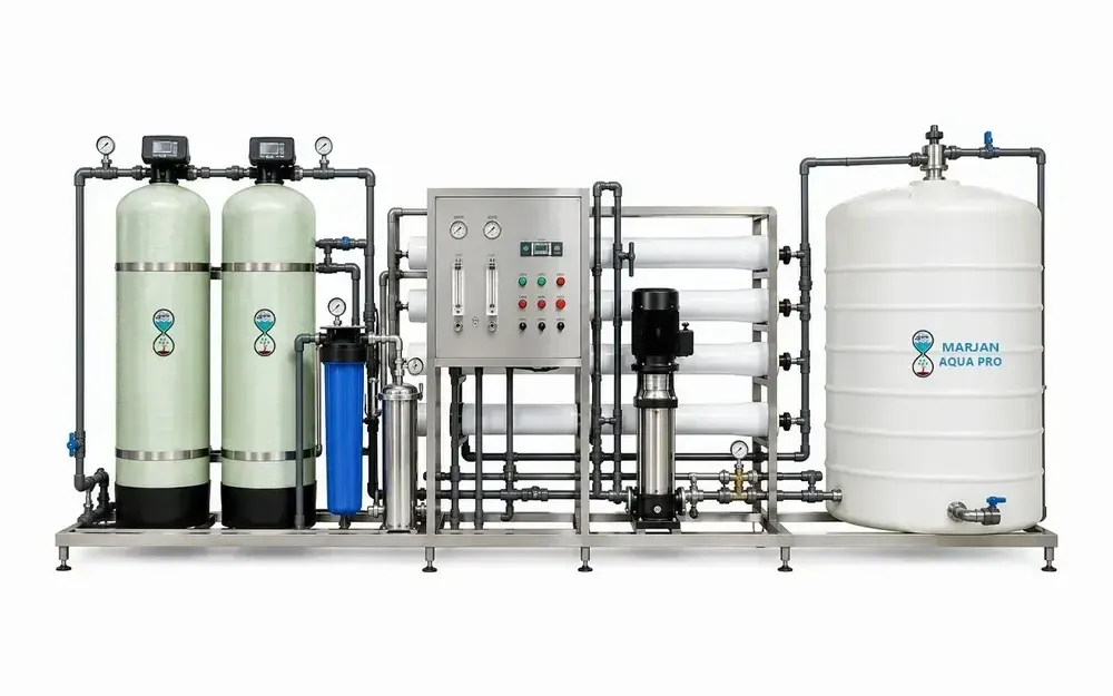 Commercial RO plant with filter vessels, membrane housings and a storage tank