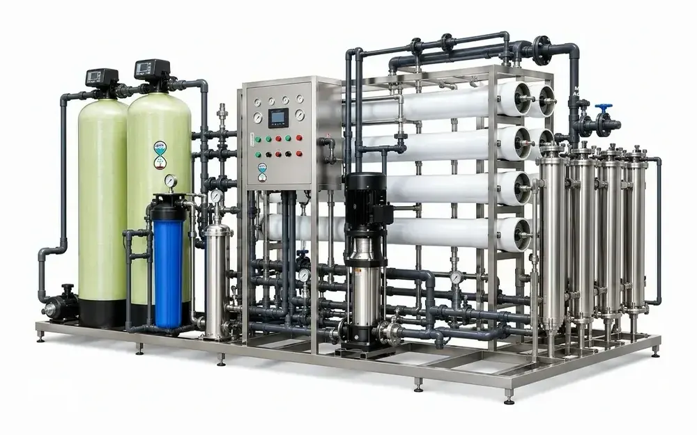 Industrial filtration and RO plant with pressure vessels and membrane housings