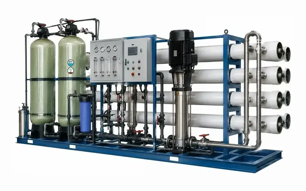 Industrial RO plant on a steel skid with high pressure pump