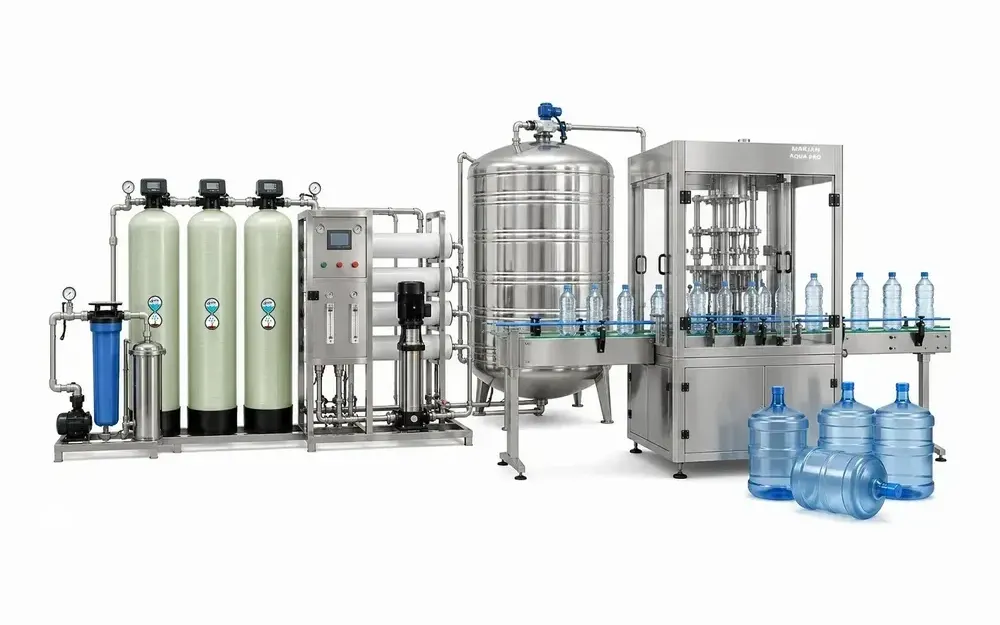 Mineral water plant with RO skid, steel tank and bottle filling station