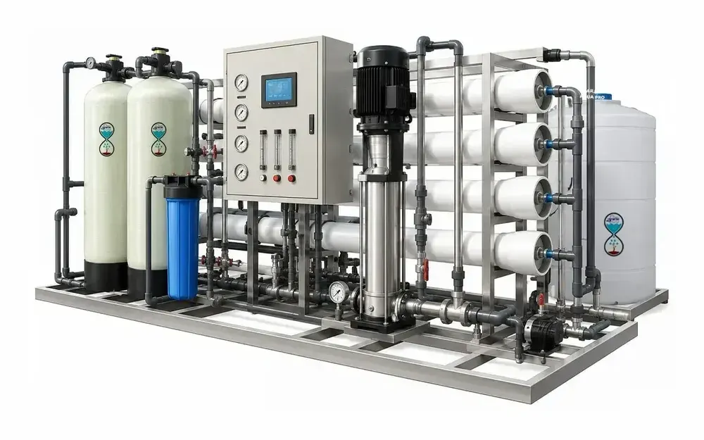 Commercial RO plant with pressure vessels, membranes and control panel